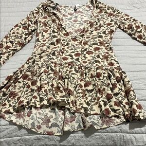H&M Floral V-Neck Dress in Cream and Brown